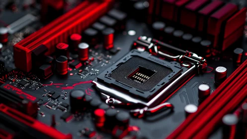 CPU socket on gaming motherboard under red accent lighting