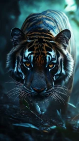 Close frontal view of stalking tiger in dark forest.