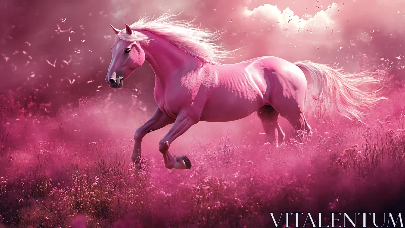 Pink stallion gallops through luminous rose mist meadow