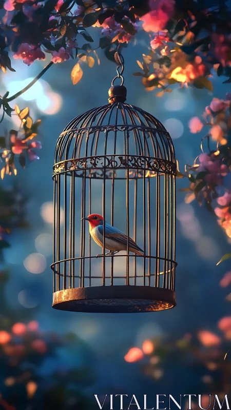 Caged songbird under dusk light amid soft blooming bokeh.
