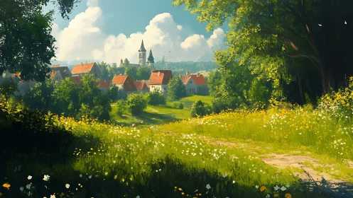 Sunlit village meadow dreaming beneath drifting summer clouds.