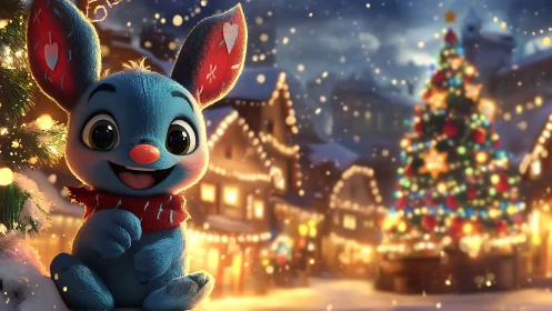 Blue holiday bunny sharing cozy joy in a snowy village.