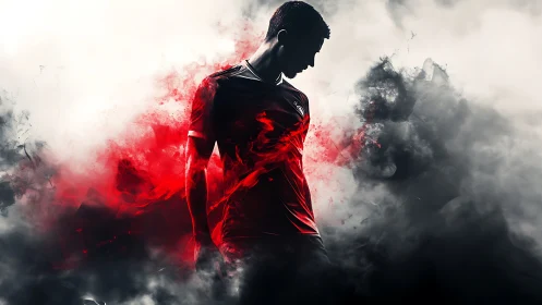 Silhouetted footballer in red jersey amid smoky contrast.