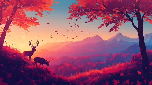 Crimson valley deer silhouettes in radiant autumn sunrise.