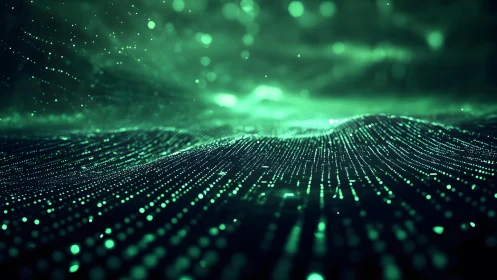 Futuristic Digital Landscape with Glowing Green Particles, Abstract Style.