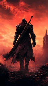 Solitary armored warrior crossing a burning wasteland.