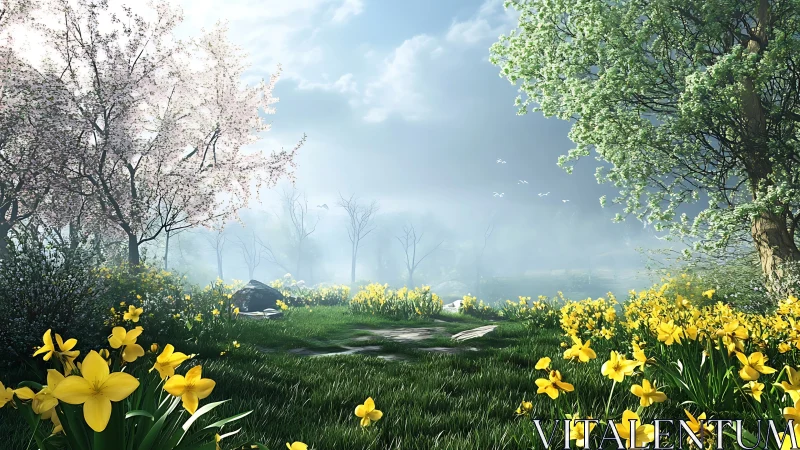 High-fidelity spring meadow rendered with atmospheric depth mapping.
