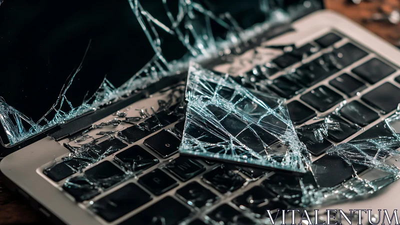 Shattered laptop screen scatters broken glass across keyboard.