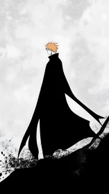 Silhouetted cloaked figure on abstract ink-splatter ground plane