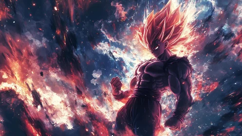 Supercharged anime warrior ignites a cosmic inferno of power.