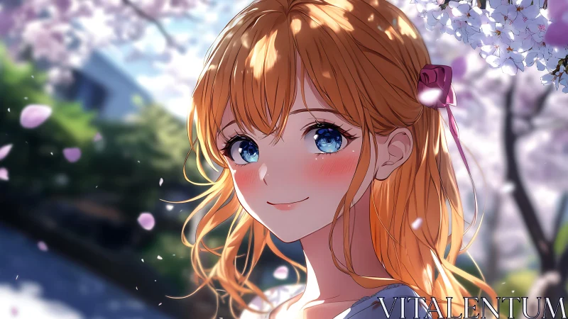 Anime portrait under cherry blossoms, soft bokeh lighting.