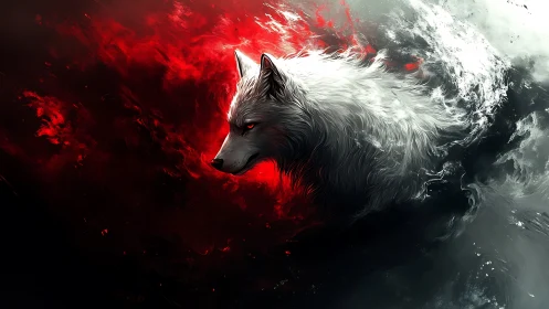 White wolf in red and black abstract digital storm.