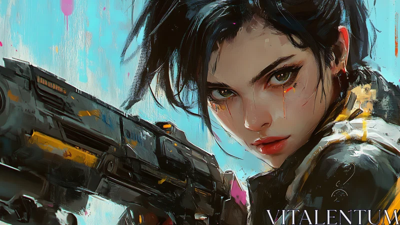 Tactical portrait of cyberpunk sniper with painted carbine.