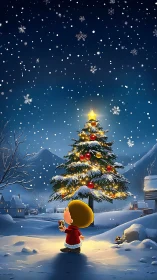 Child observing illuminated outdoor Christmas tree at night.