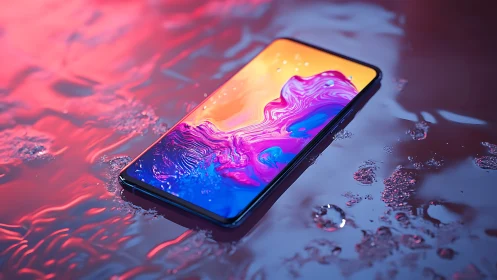 Water-resistant smartphone lies on reflective liquid surface