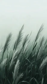 Pampas grass plumes in soft misty green field at dawn.