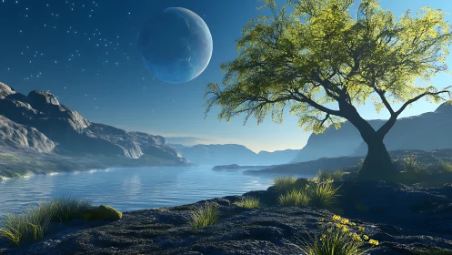 Serene alien shoreline under moonlit sky with lone tree.