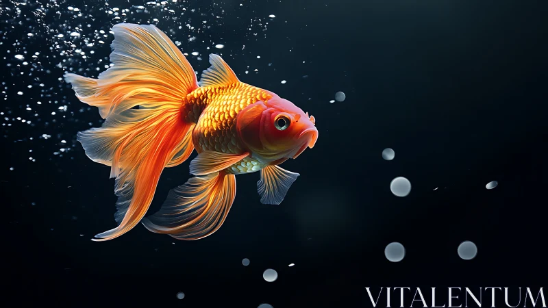 Vibrant orange goldfish swims through dark aquatic void