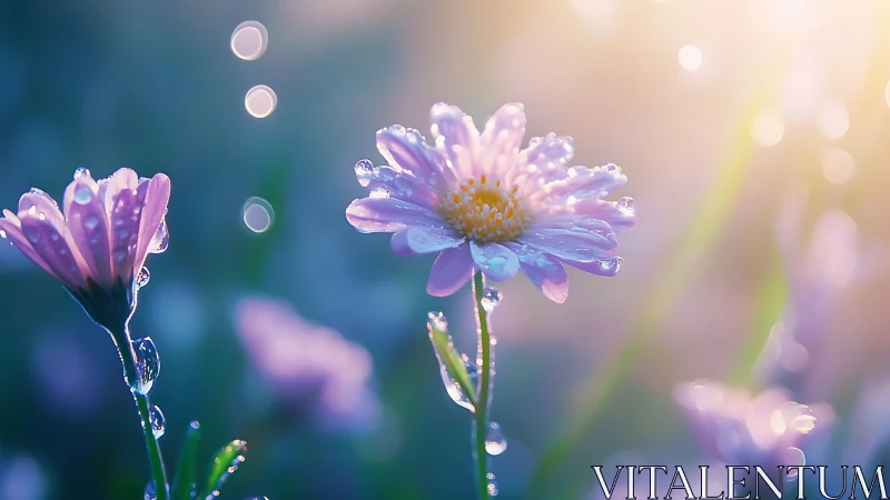Morning dew kisses gentle purple flowers in soft sunlight.