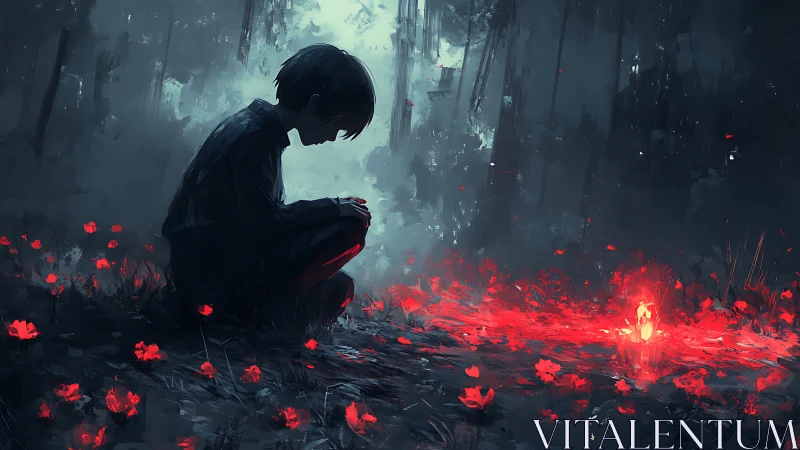 Silhouetted figure in dark forest with vivid red flowers.