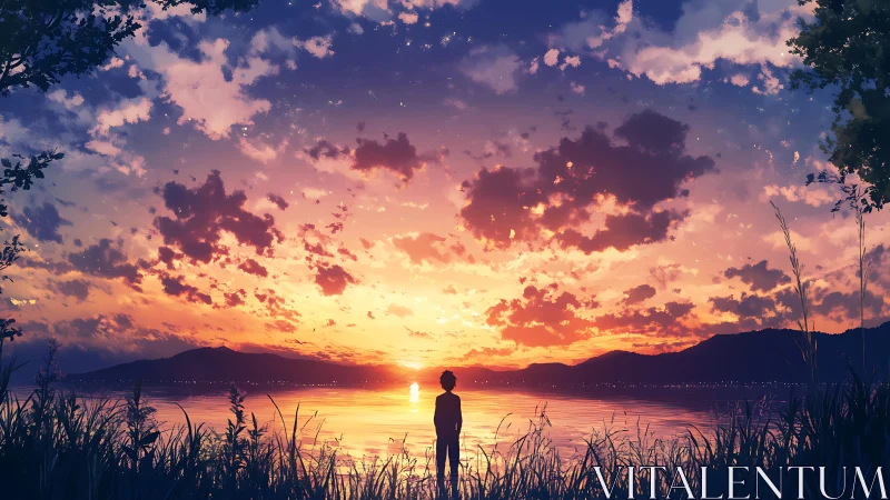 Silhouetted figure observing multicolored sunset shoreline.