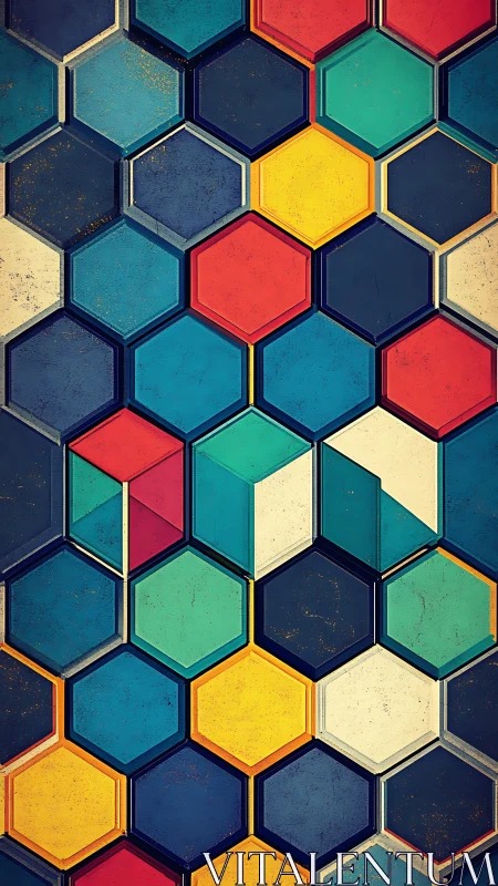 Hexagonal grid abstraction with isometric cubes and distressed texture