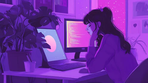 Tired night coder leans over dual screens in neon workspace