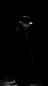 Lone figure in hat walks through stark noir city darkness