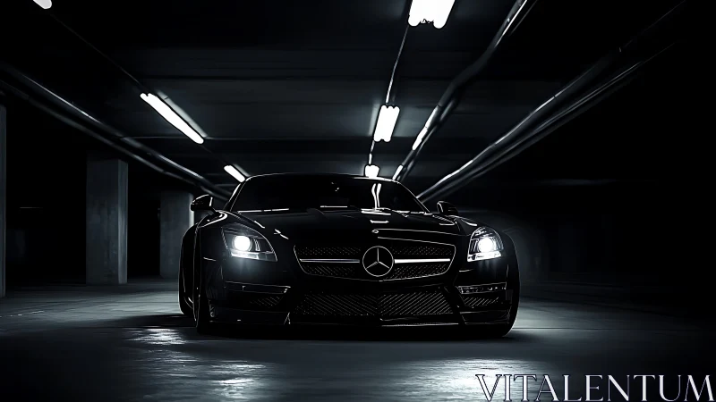 Sleek black Mercedes sports car prowls a dim urban garage.