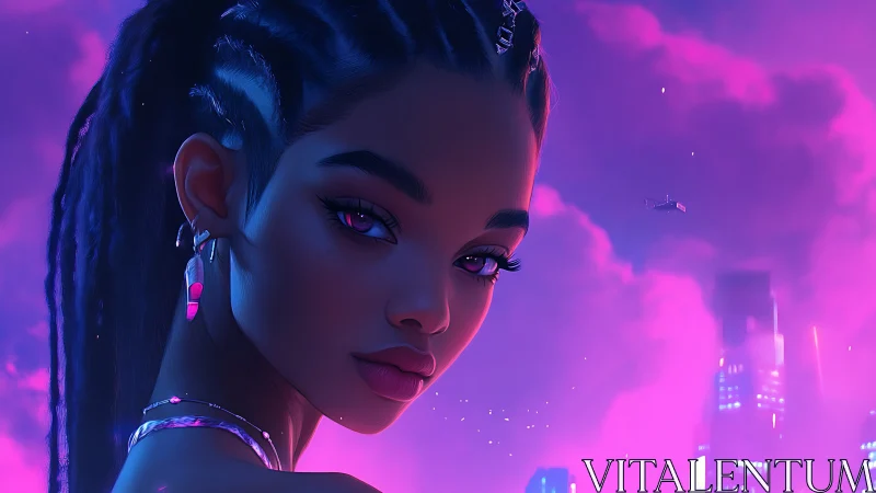 Neon lit cyberpunk woman gazes over futuristic skyline