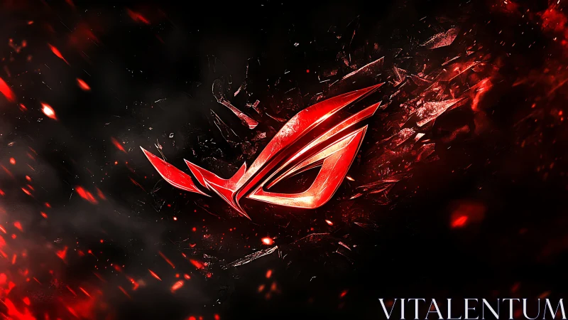 Red gaming emblem on shattered dark abstract background.