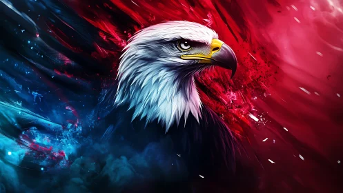 Hyperreal bald eagle portrait in dynamic red blue plasma field