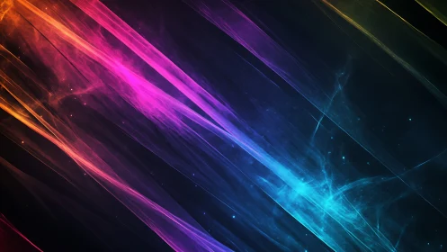 Diagonal multicolor light streaks traverse a dark backdrop