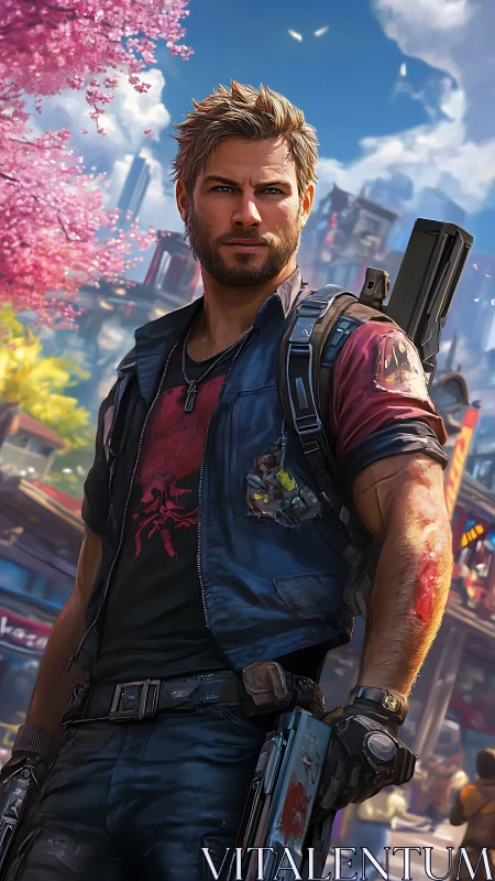 Armed male figure stands in futuristic urban street environment