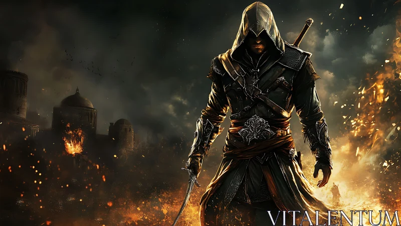 Hooded combat operative advancing through incendiary urban ruins.