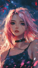 Neon-haired anime heroine glows amid drifting cosmic sparks.