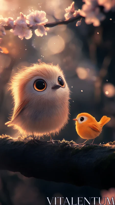 Fluffy songbirds share soft spring light on mossy branch