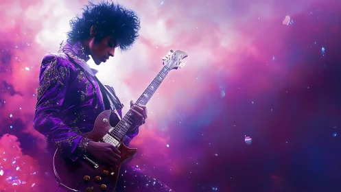 Digital painting of glam rock guitarist in nebula aura lighting.
