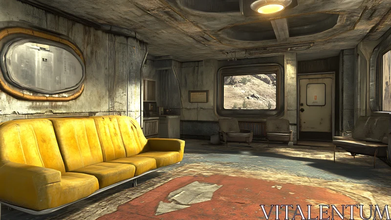 Retro-futuristic post-apocalyptic lounge rendered in 3D realism
