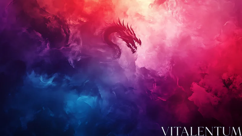 Dragon silhouette emerges from neon storm clouds of color