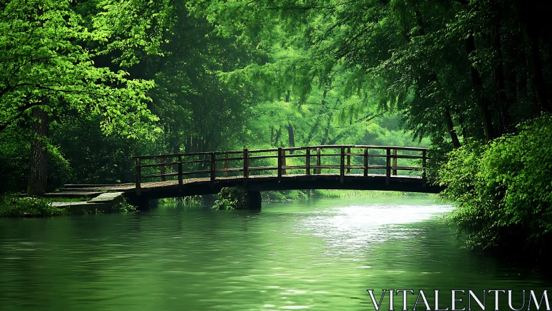 Tranquil Wooden Bridge Over Lush Green River in Nature Scene.