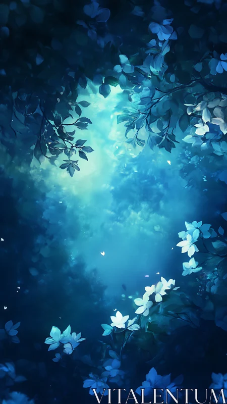 Moonlit blue forest glade frames luminous floral clearing