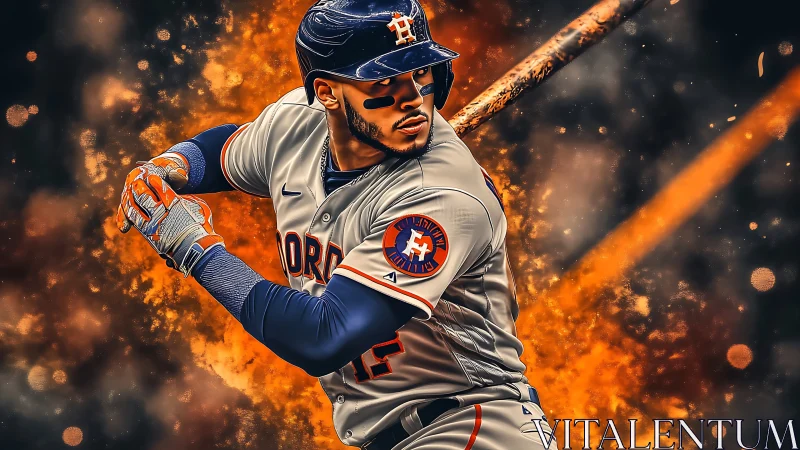 Dynamic digital portrait of baseball hitter with fiery bokeh backdrop
