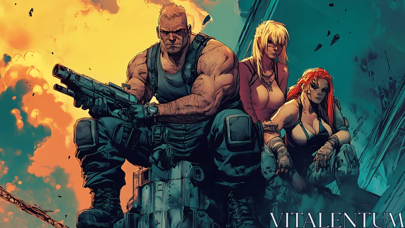 Heavily armed trio seated in ruined urban setting.