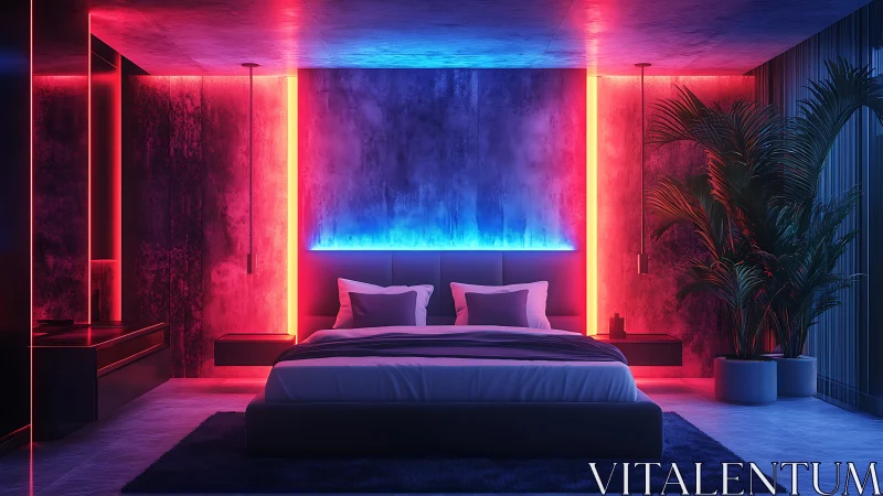 Futuristic bedroom interior uses neon ambient wall lights