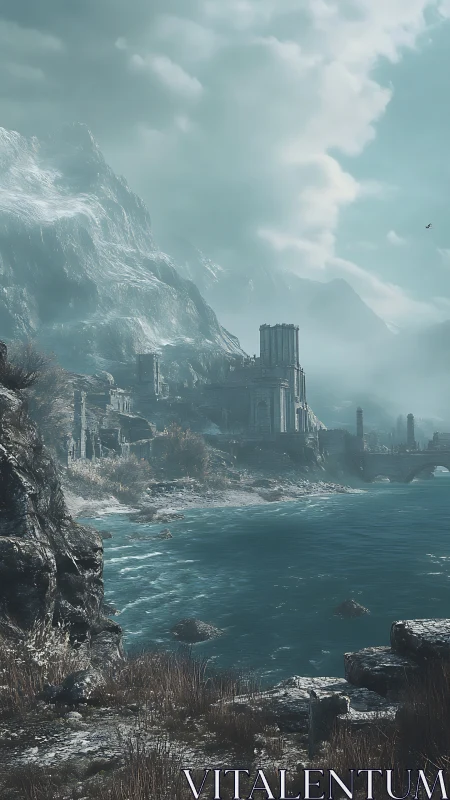 Stormlit ruins overlook a cold, restless mountain shore