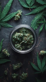 Cannabis buds rest in a glass jar amid rich green leaves