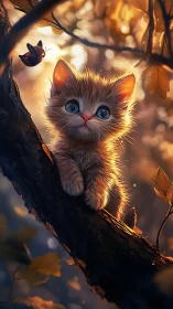 Golden-Hued Kitten Perched on Twilight Branch.