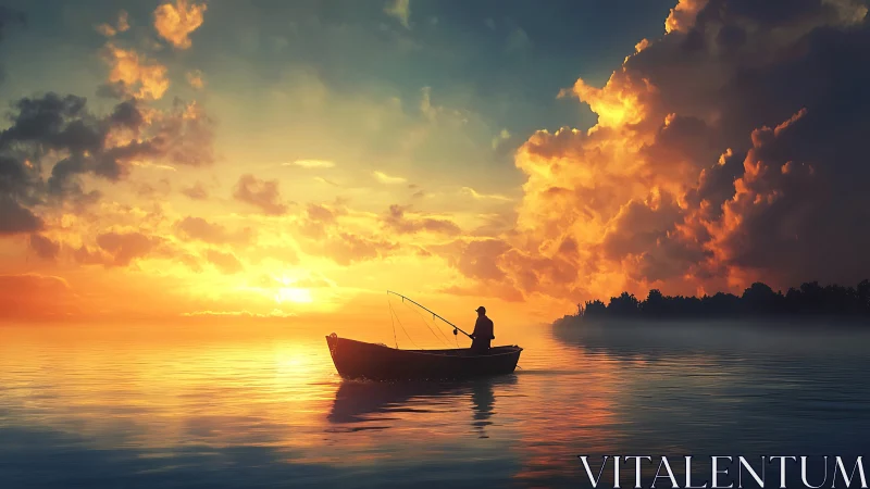Lone angler in small boat under vivid sunset sky.