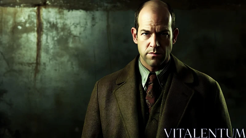 Gritty portrait of stern man in brown vintage overcoat.